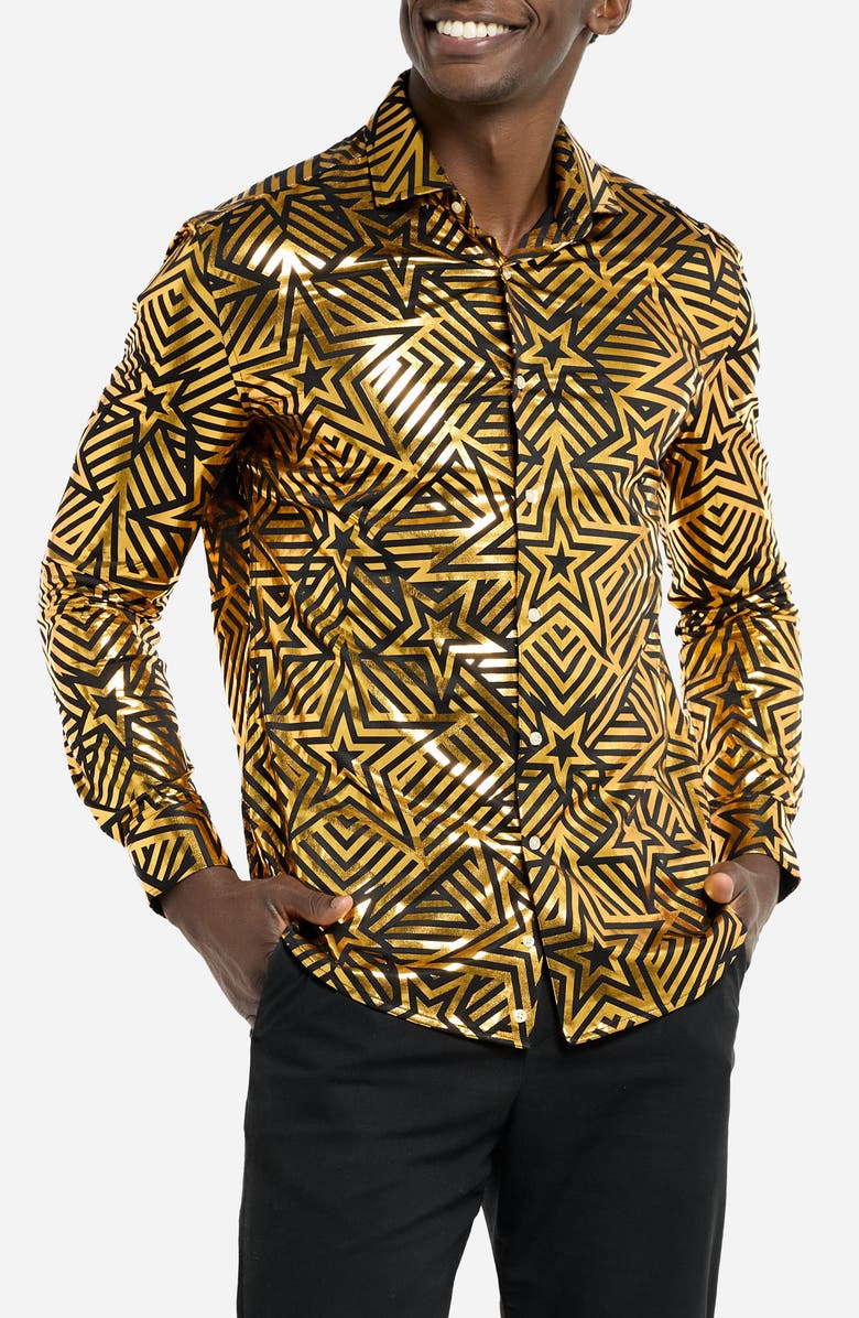 OppoSuits Golden Geo Star Modern Tailored Fit Button-Up Shirt, Alternate, color, Black
