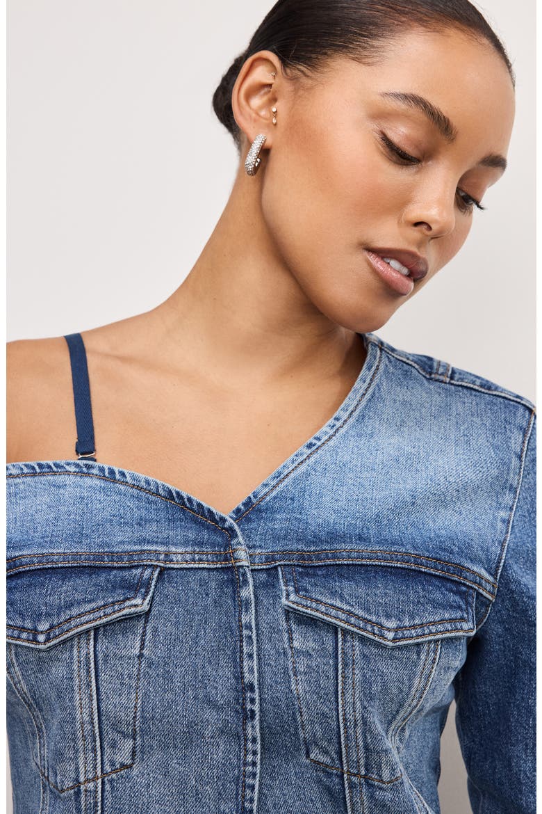 One-Shoulder Cutaway Denim Shirt, Alternate, color, INDIGO771