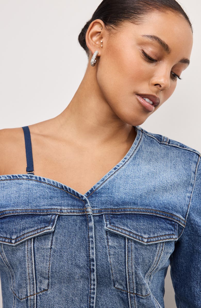 Good American One-Shoulder Cutaway Denim Shirt, Alternate, color, Indigo771