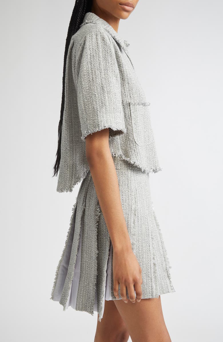 Thom Browne 4-Bar Short Sleeve Eyelash Tweed Crop Shirt Jacket, Alternate, color, Medium Grey