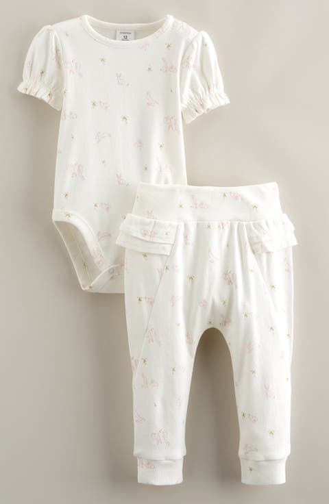 Print Cotton Bodysuit & Ruffled Joggers Set (Baby)