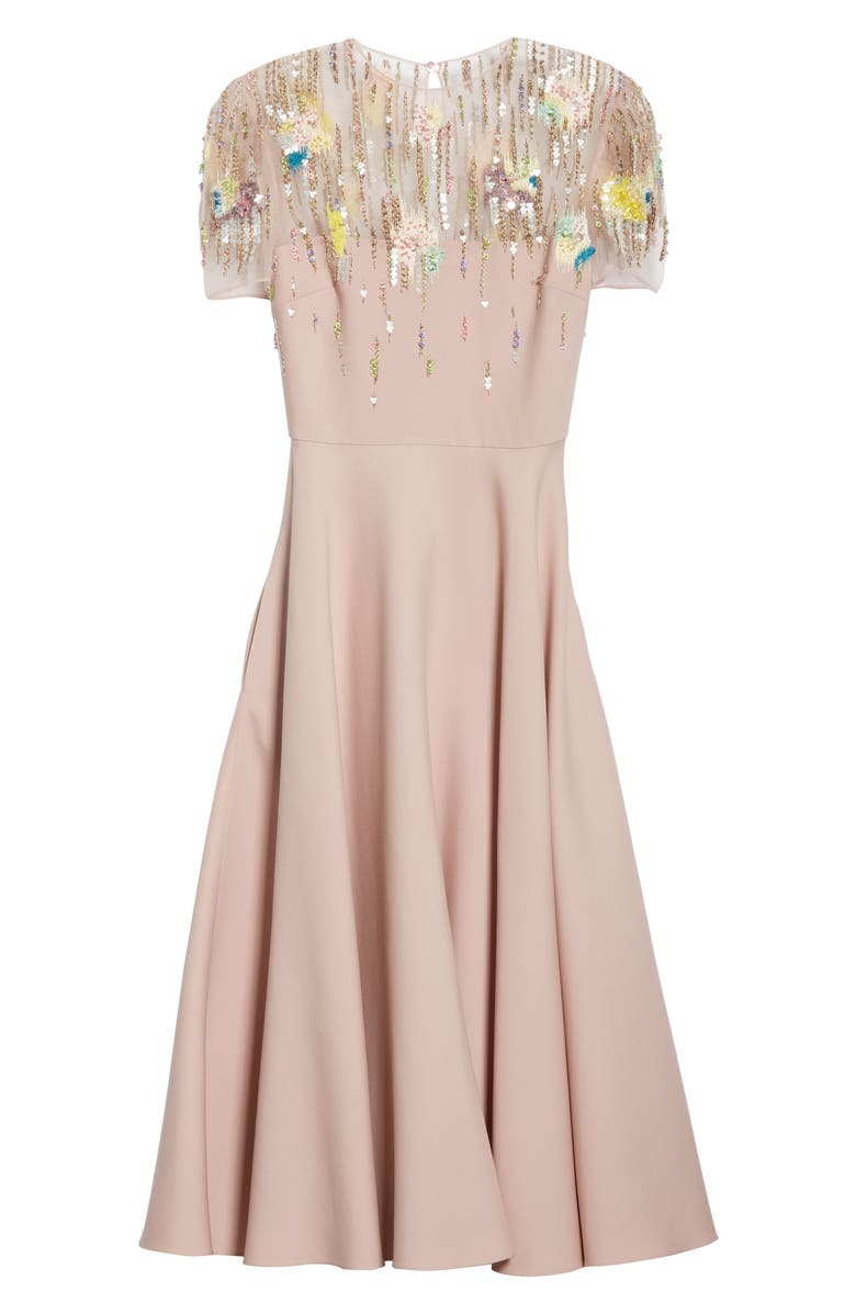 Valentino Embellished Illusion Yoke Wool & Silk Midi Dress, Alternate, color, 