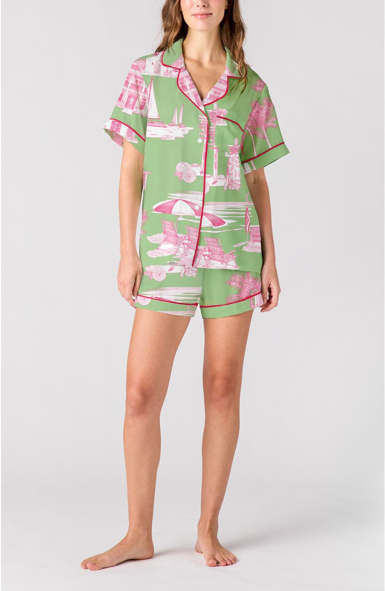 Katie Kime Florida Toile Shorts Set, Main, color, Green