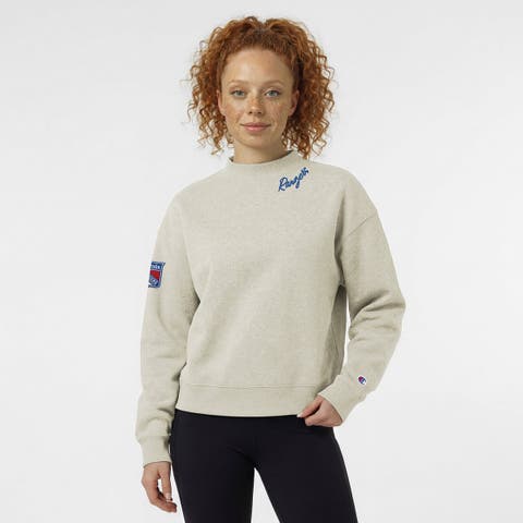 Women's Champion Oatmeal New York Rangers Collar Script Triumph Fleece Crewneck Sweatshirt
