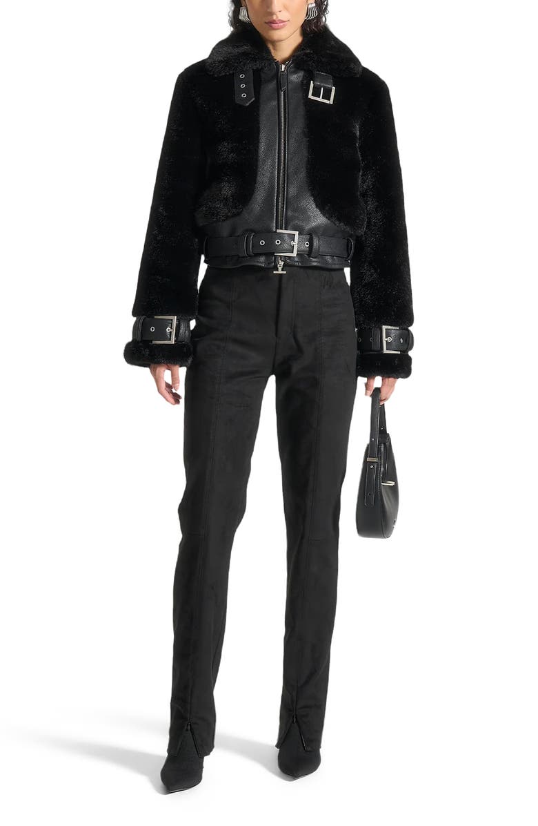 Manière De Voir Deya Plush & Leather Leather Belted Jacket, Alternate, color, 