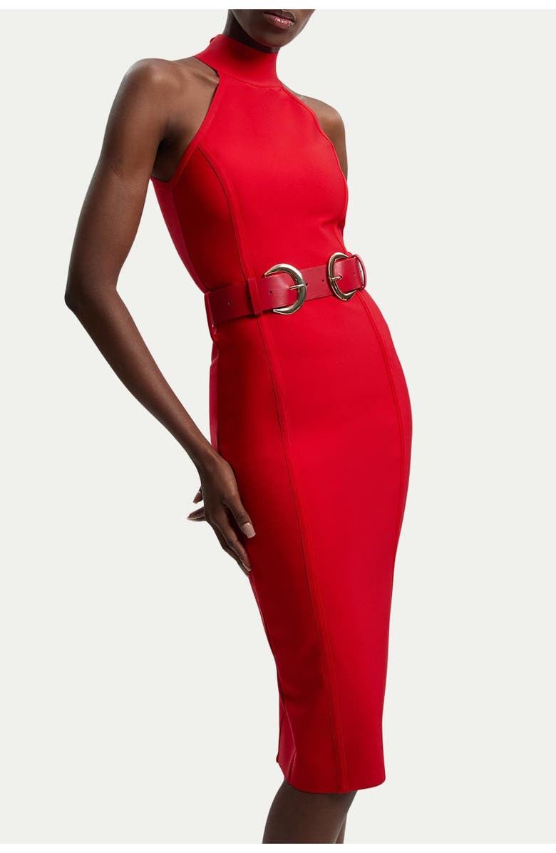Karen Millen Bandage High Neck Buckle Trim Midi Dress, Alternate, color, Red