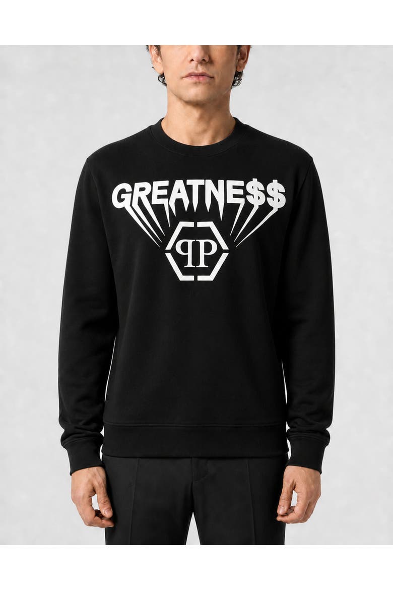 Printed Fleece Round Neck Sweatshirt Greatness Men, Main, color, black