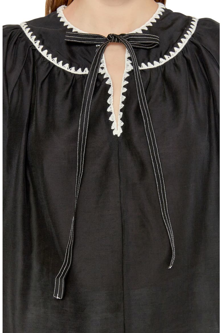 Embroidered Tie Neck Top, Alternate, color, BLACK/ WHITE