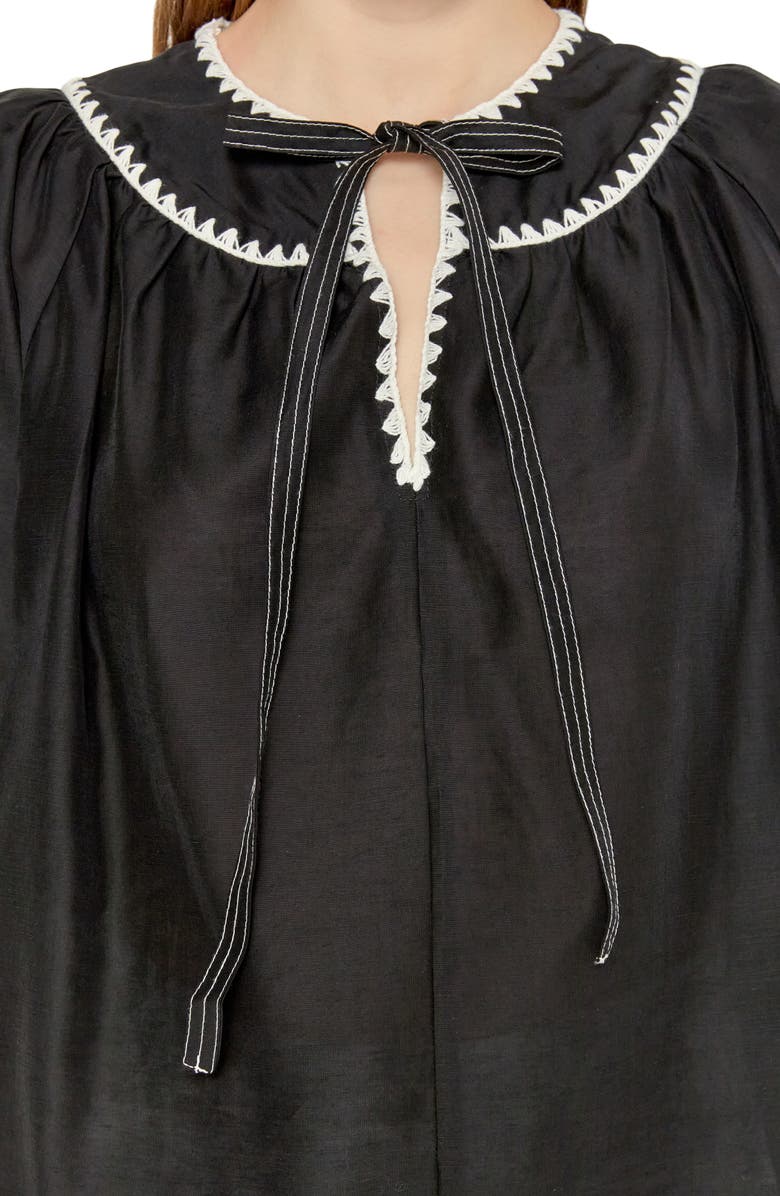 English Factory Embroidered Tie Neck Top, Alternate, color, Black/ White