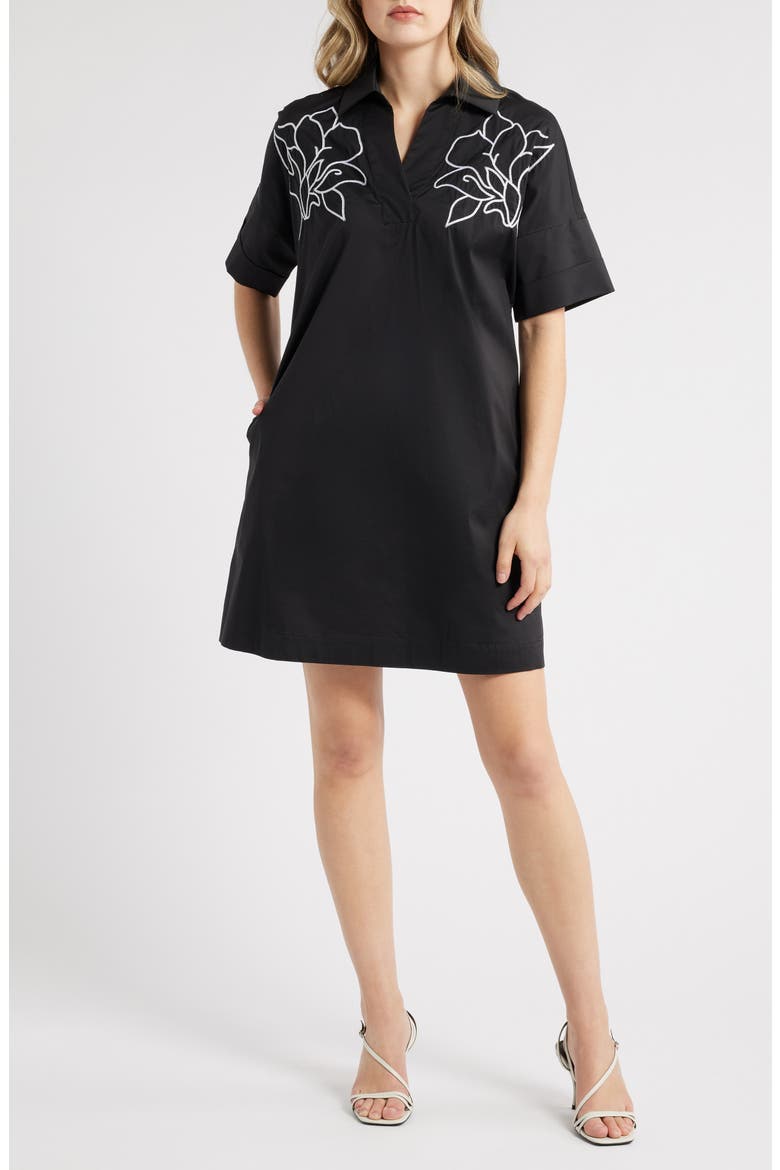 Embroidered Cotton Blend Shirtdress, Main, color, BLACK/ WHITE