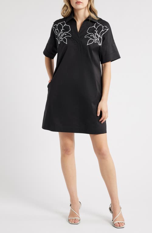 Shop Ming Wang Embroidered Cotton Blend Shirtdress In Black/white