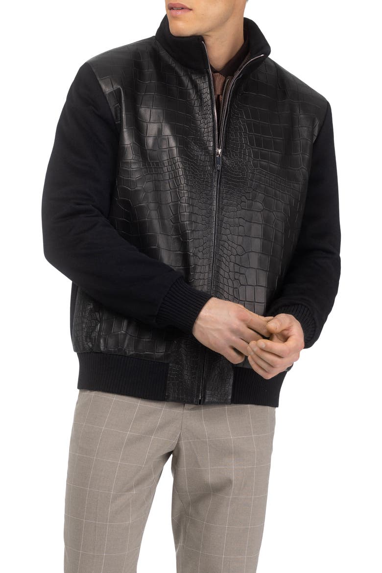 Men's Jacket Crafted From Wool With Croco-Embossed Leather Front, Alternate, color, BLACK/BLACK