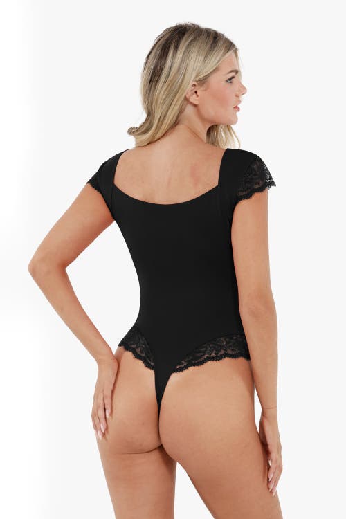 Popilush Shapewear Cap Sleeve Slimming Lace Cup Bodysuit In Midnight Black