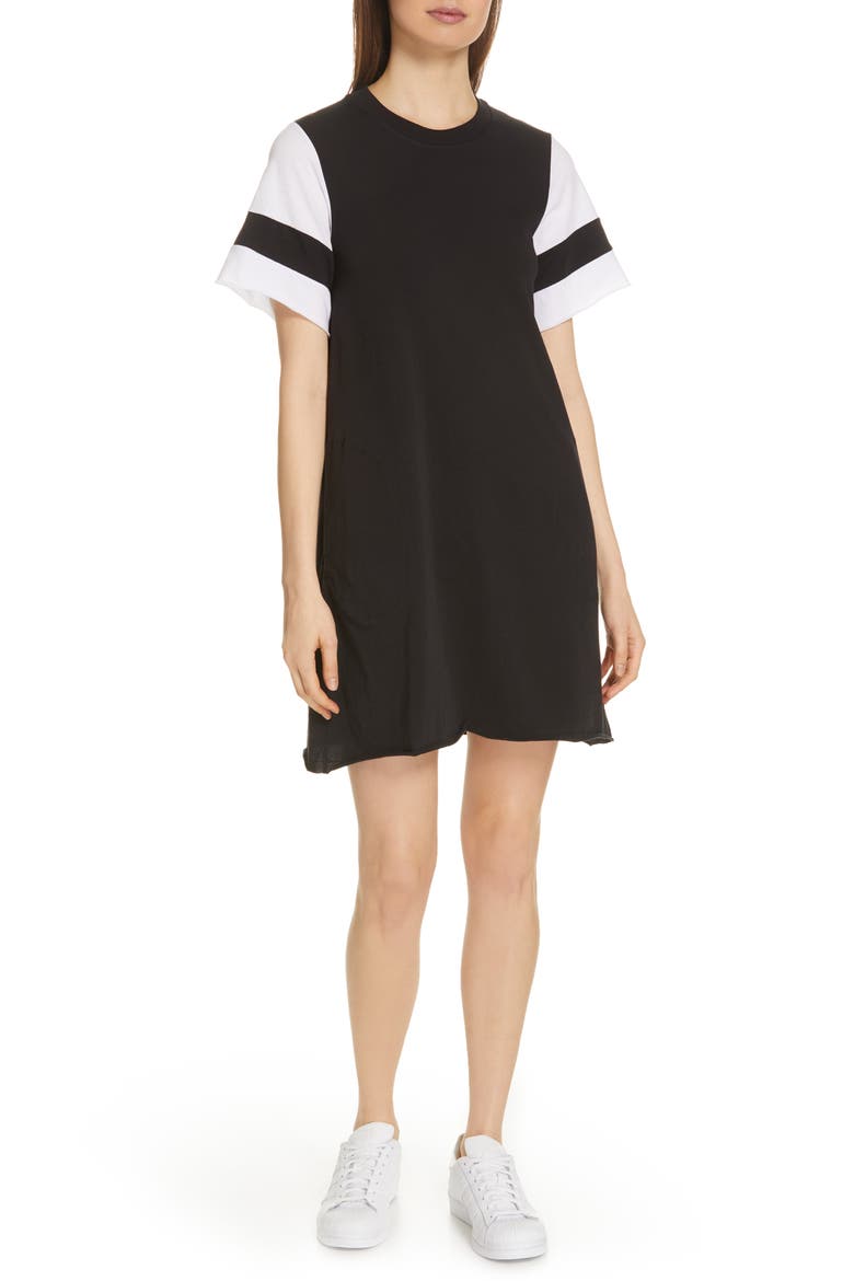 Stripe Sleeve Jersey T-Shirt Dress, Main, color, BLACK