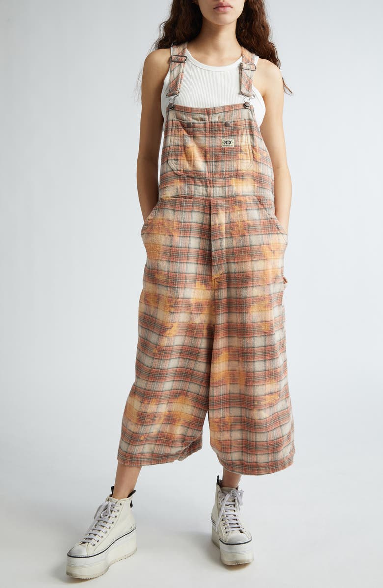 R13 Bleached Plaid Crop Jumbo Overalls, Main, color,