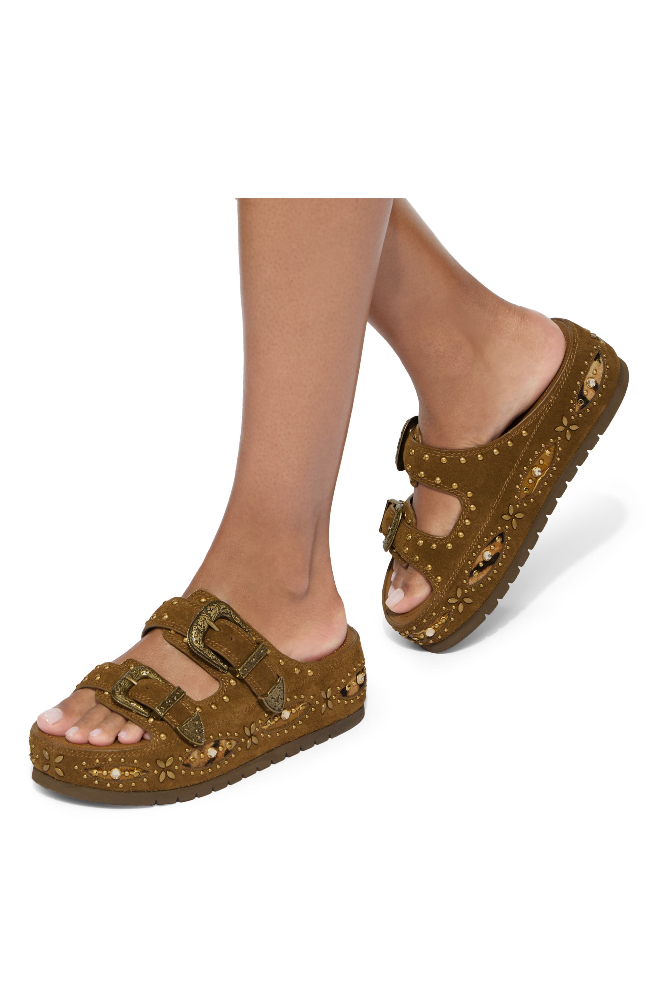 Kurt Geiger London Western Buckle Leather Flatform Slide Sandal, Alternate, color, Brown