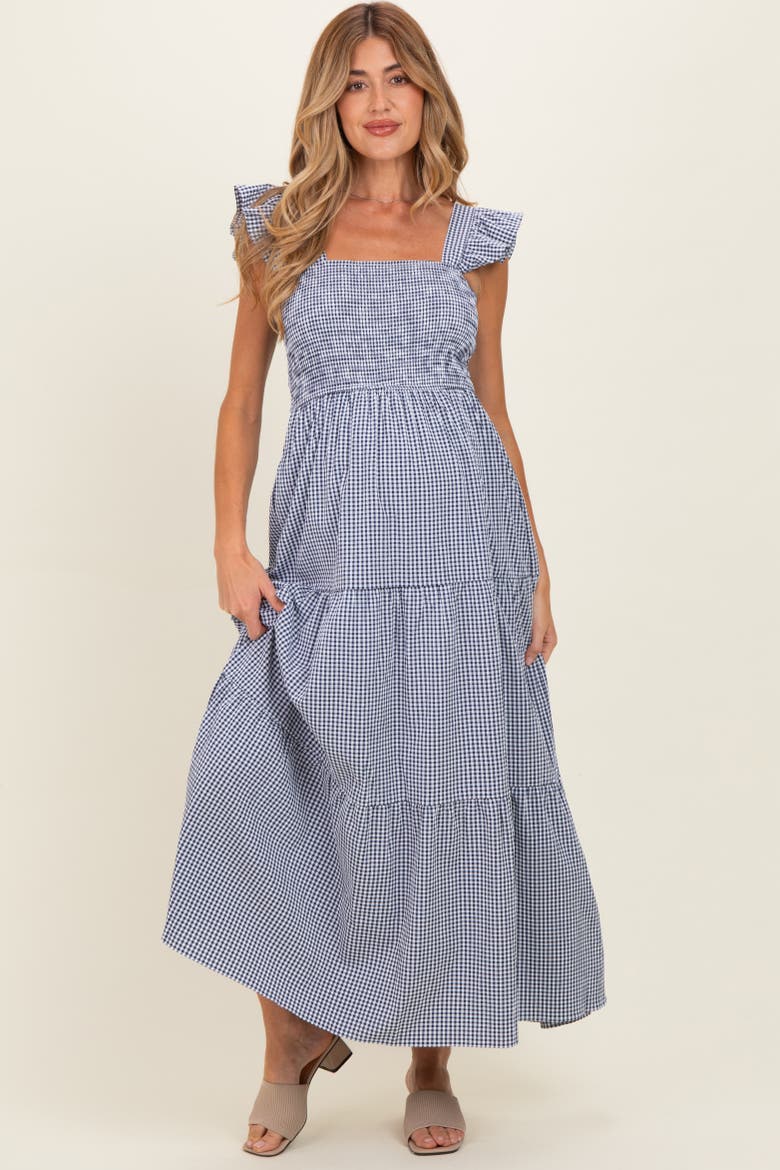 Gingham Ruffle Strap Smocked Maxi Dress, Main, color, Navy Blue