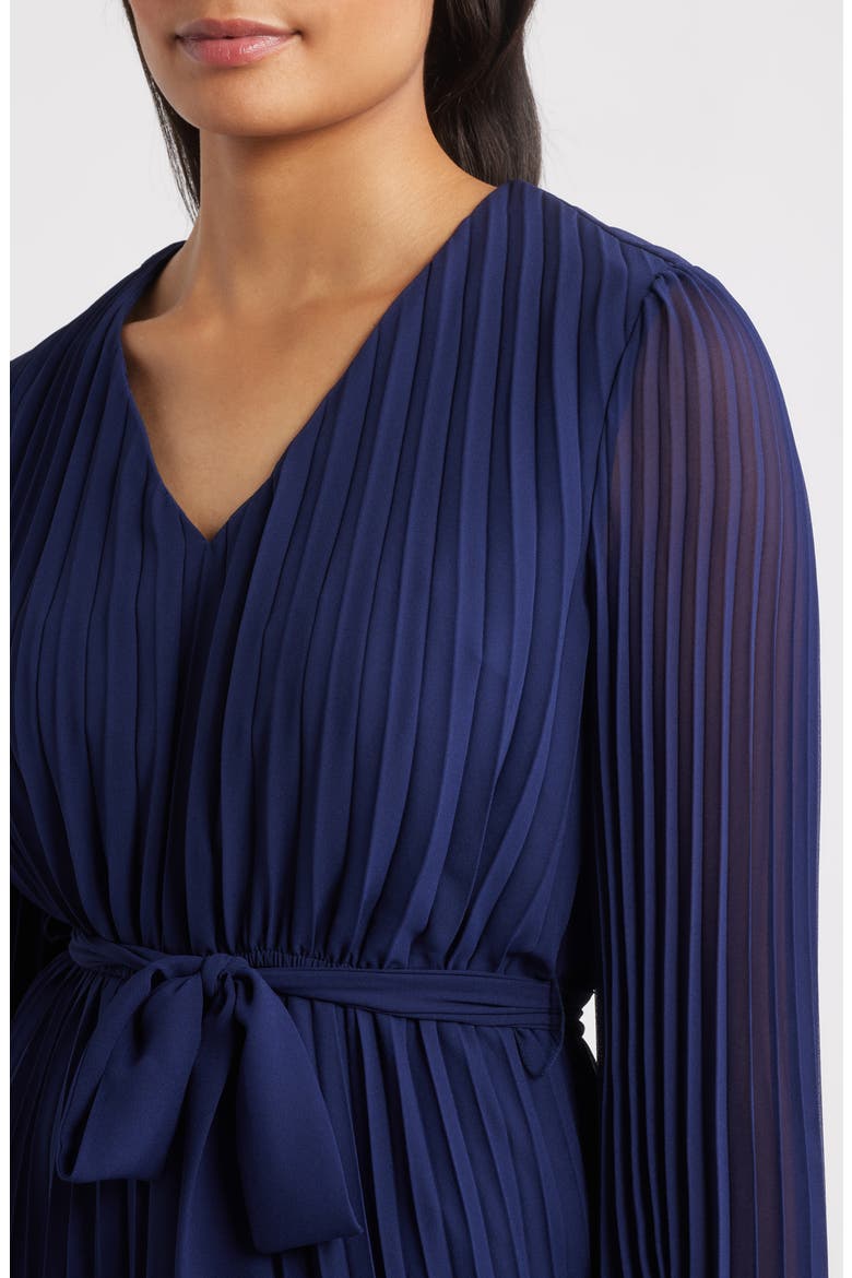 Pleated Long Sleeve Chiffon Midi Dress, Alternate, color, NAVY
