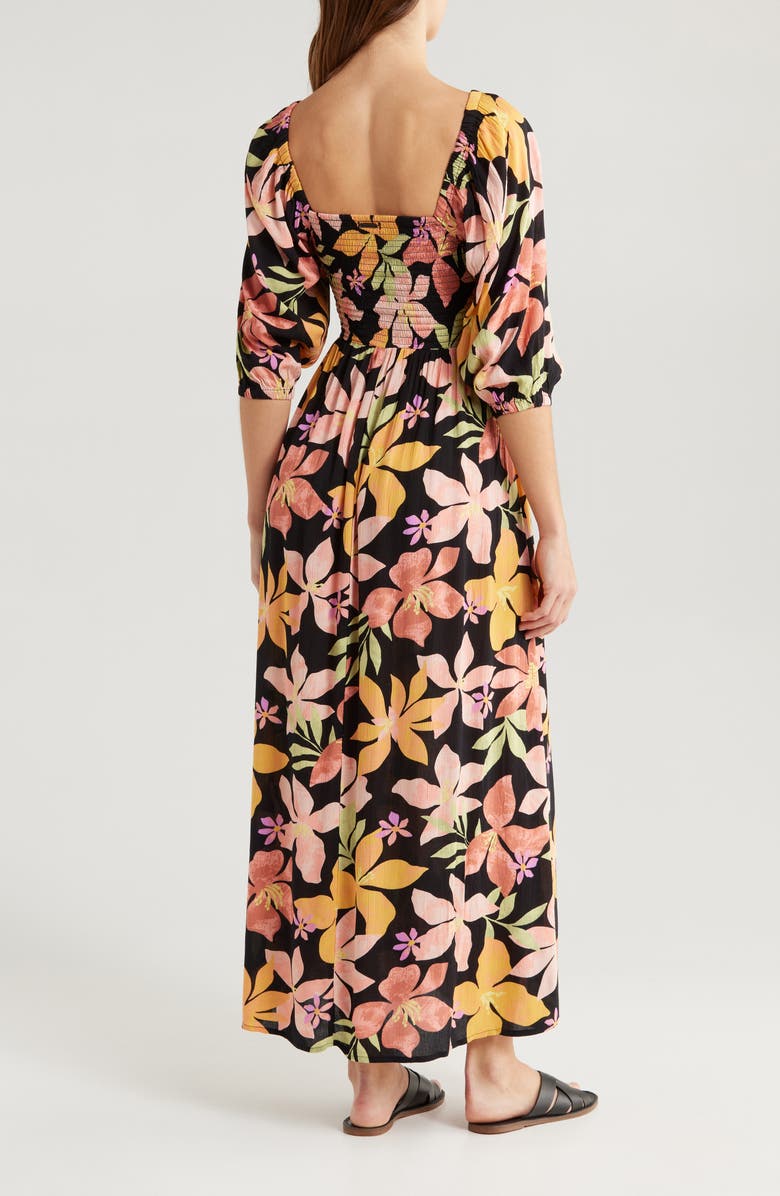 Billabong Wish Me Luck Floral Smocked Midi Dress, Alternate, color, Kiss The Earth