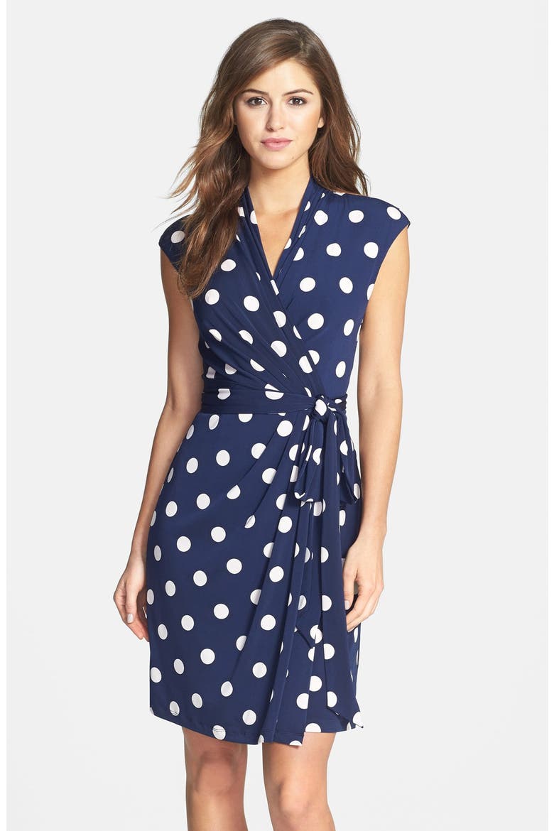 Polka Dot Jersey Faux Wrap Dress, Main, color, NAVY