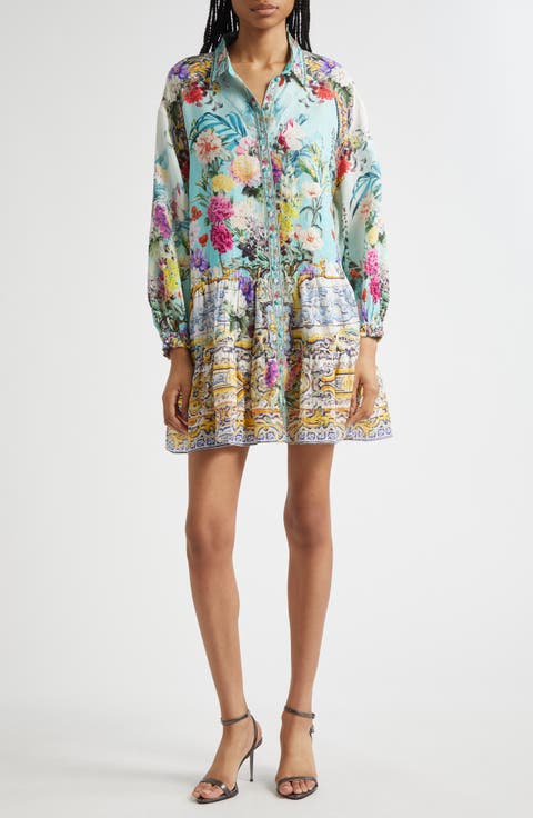 Tiered Long Sleeve Linen Shirtdress