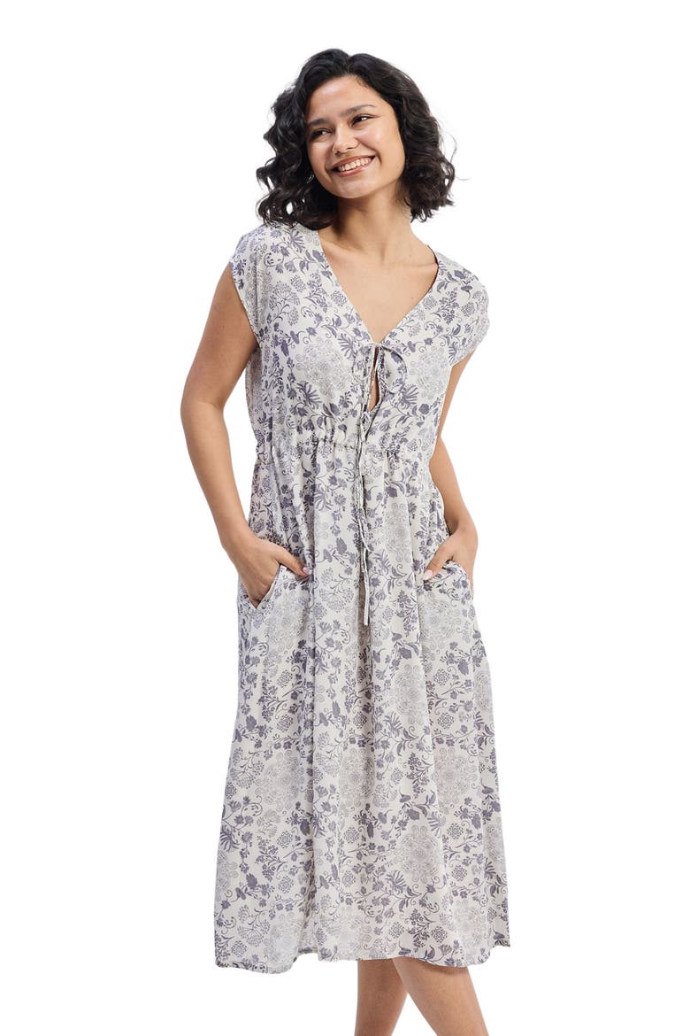 Deep V-neck Gathered Dress in Florals, Alternate, color, Blooming Tiles