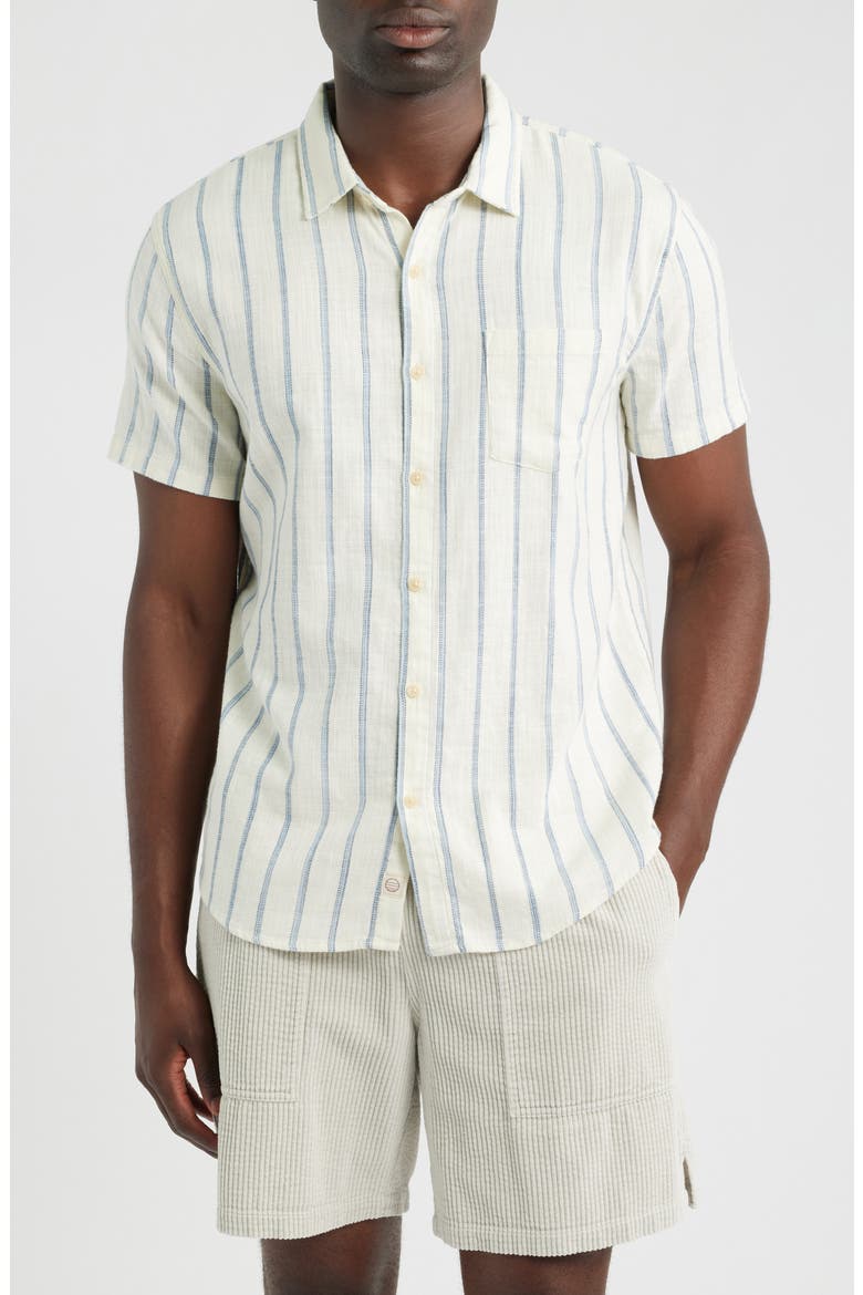 Classic Stretch Selvage Short Sleeve Button Up Shirt, Main, color, NATURAL/ NAVY STRIPE