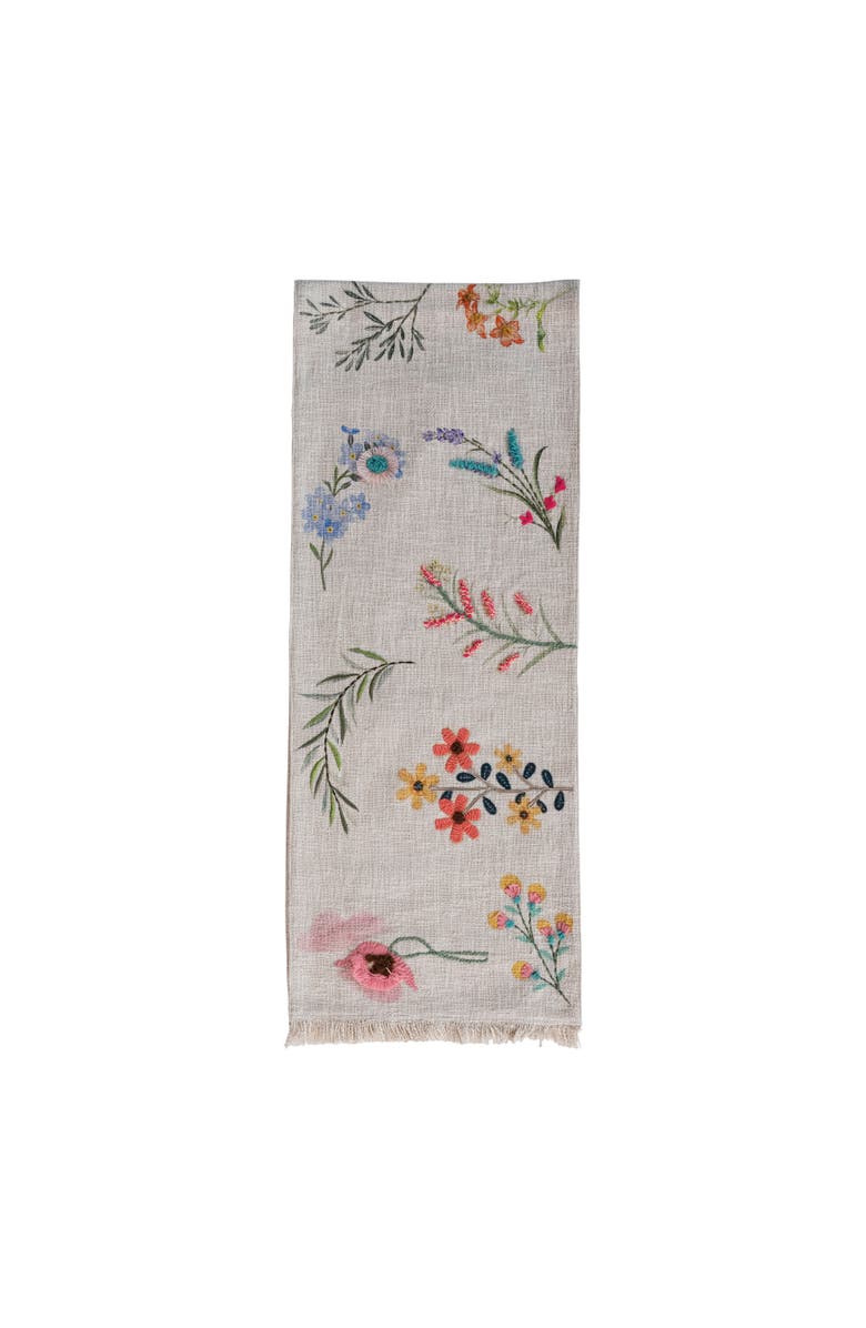 Storied Home Long Slub Printed Rectangle Table Runner with Flowers, Embroidery and Fringe, Multicolor, Main, color, White