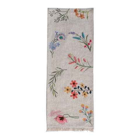 Long Slub Printed Rectangle Table Runner with Flowers, Embroidery and Fringe, Multicolor