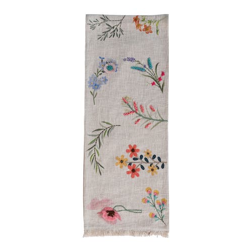 Storied Home Long Slub Printed Rectangle Table Runner With Flowers, Embroidery And Fringe, Multicolo In White