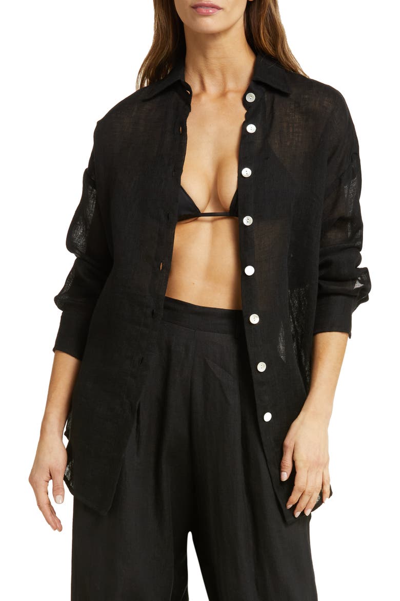 Playa Oversize Linen Cover-Up Shirt, Main, color, ECO LINEN GAUZE BLACK