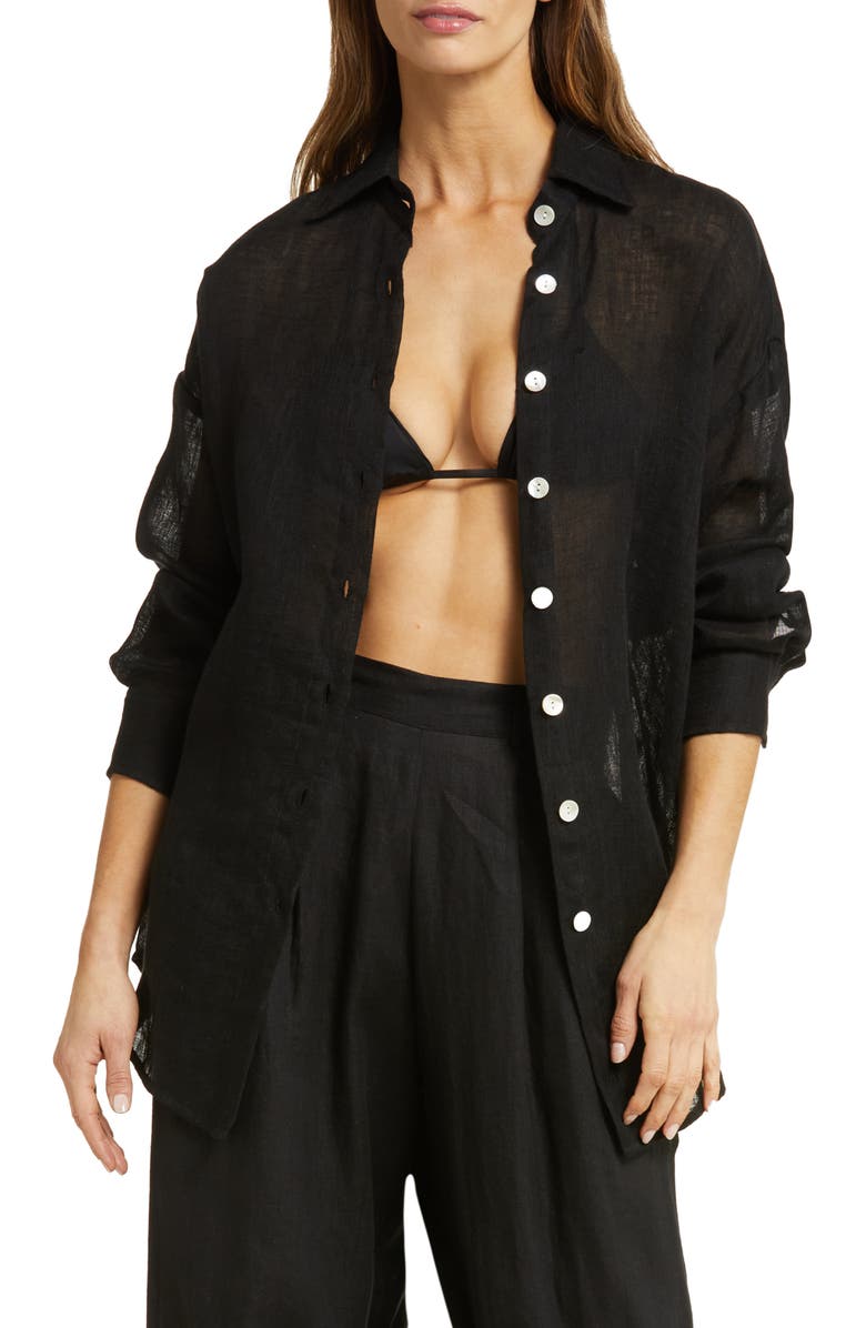 Vitamin A<sup>®</sup> Playa Oversize Linen Cover-Up Shirt, Main, color, Eco Linen Gauze Black