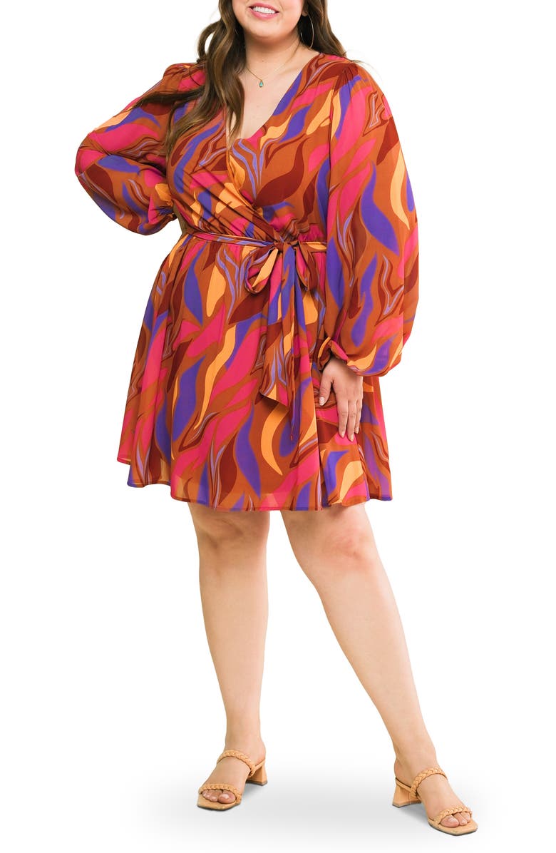 FLYING TOMATO Long Sleeve Print Minidress, Main, color, Brown