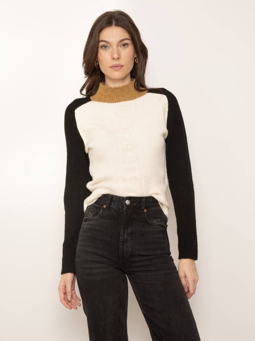 Central Park West Deacon Tuck Neck Cable Sweater In Ivory Combo