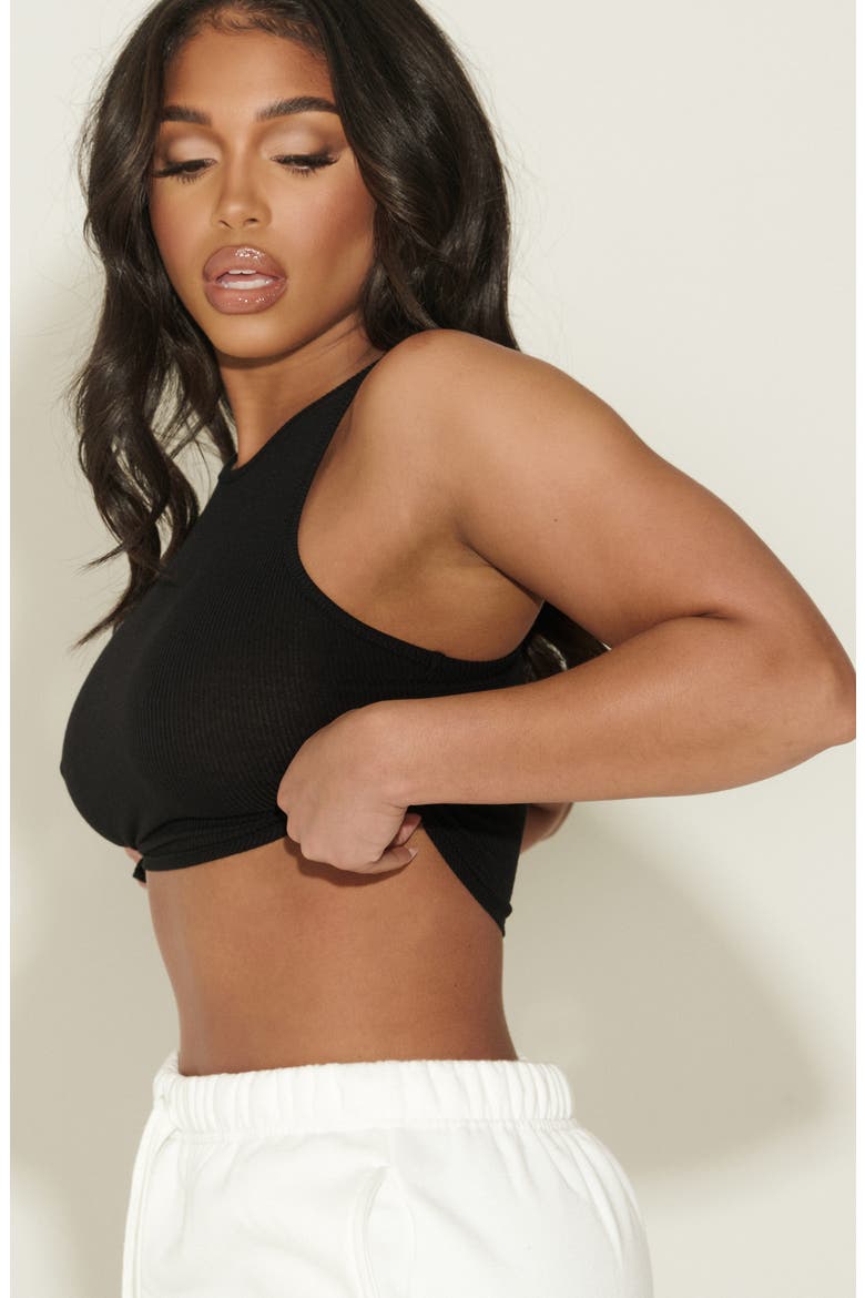 x Lori Harvey Side Knot Rib Crop Tank, Alternate, color, BLACK