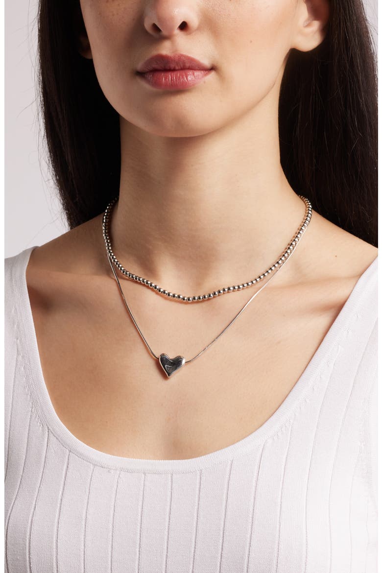 Set of 2 Bead Chain & Puffy Heart Pendant Necklaces, Alternate, color, RHODIUM