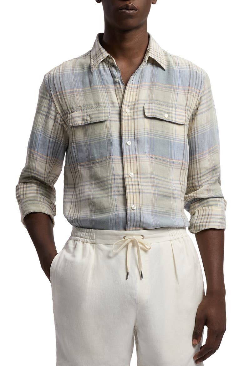 Plaid Linen Button-Up Shirt, Main, color, INFINITY BLUE