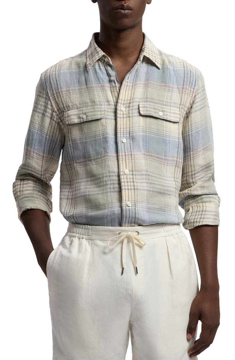 Ralph Lauren Purple Label Plaid Linen Button-Up Shirt, Main, color, Infinity Blue