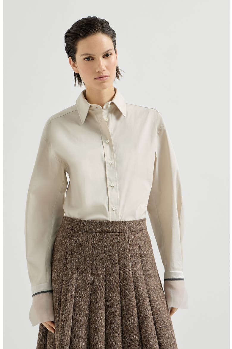 Stretch cotton poplin shirt with shiny silk cuffs, Main, color, Ivory