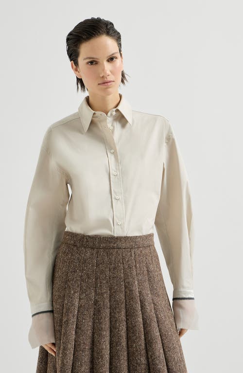 Brunello Cucinelli Stretch cotton poplin shirt with shiny silk cuffs in Ivory at Nordstrom, Size Xx-Large