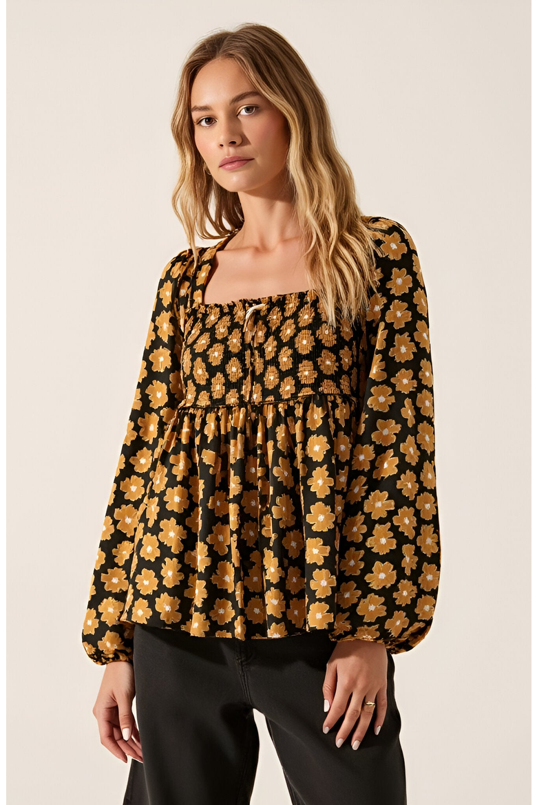 Floral Print Smocked Bodice Long Sleeve Top with Square Neckline, Alternate, color, Floral Print