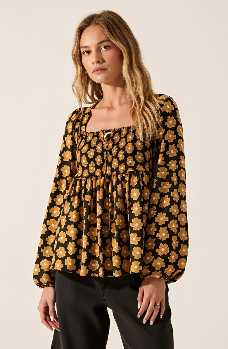Modenaire Floral Print Smocked Bodice Long Sleeve Top with Square Neckline, Alternate, color,