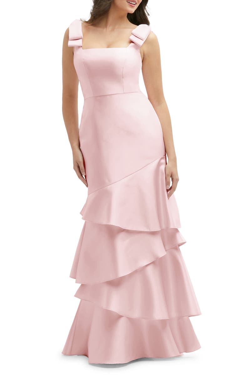 Dessy Collection Bow Shoulder Tiered Gown, Main, color, Ballet Pink