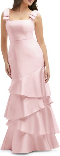 Bow Shoulder Tiered Gown