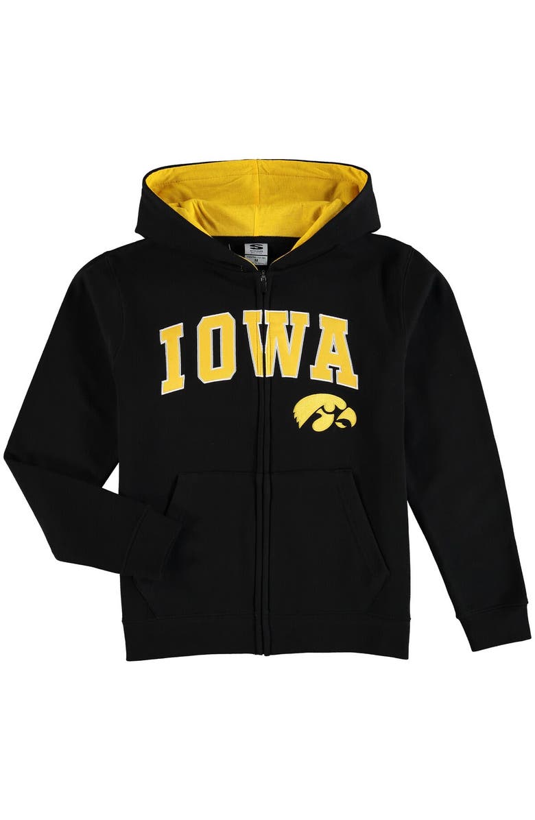 STADIUM ATHLETIC Youth Black Iowa Hawkeyes Applique Arch & Logo Full-Zip Hoodie, Main, color,