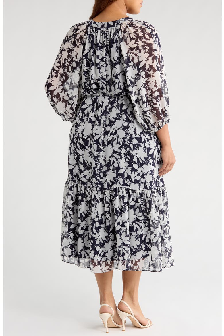 Puff Sleeve Tie Belt Midi Dress, Alternate, color, NAVY IVORY
