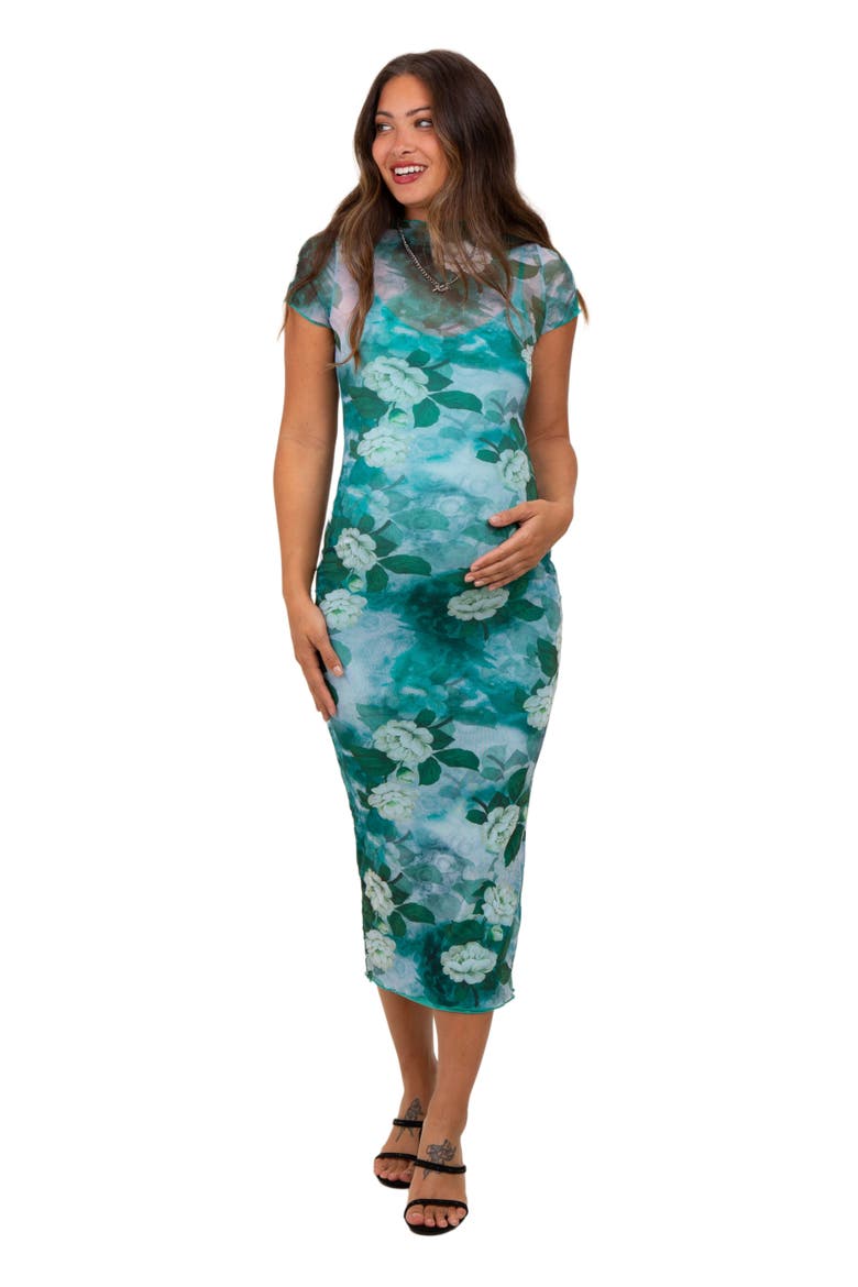 Floral Mesh Overlay Fitted Maxi Dress, Main, color, Green