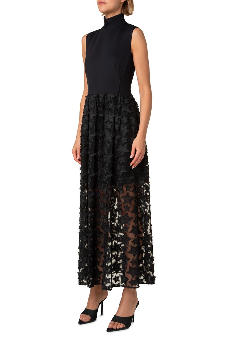 3D Star Embroidered Jersey & Tulle Midi Dress, Alternate, color, BLACK