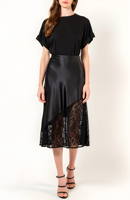 Modenaire Asymmetrical Satin Midi Skirt With Sheer Lace Hem And Fitted Waist In Black