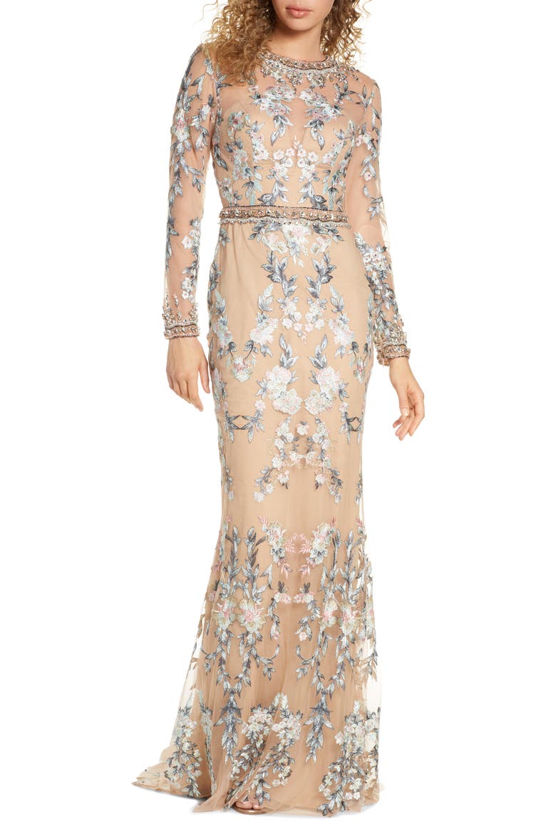 Embellished Long Sleeve Lace Gown, Main, color, NUDE MULTI
